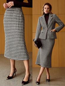 MOTF PREMIUM 羊毛优雅通勤千鸟格图案后背开叉美人鱼裙，冬季 - 黑與白 - 查看 8