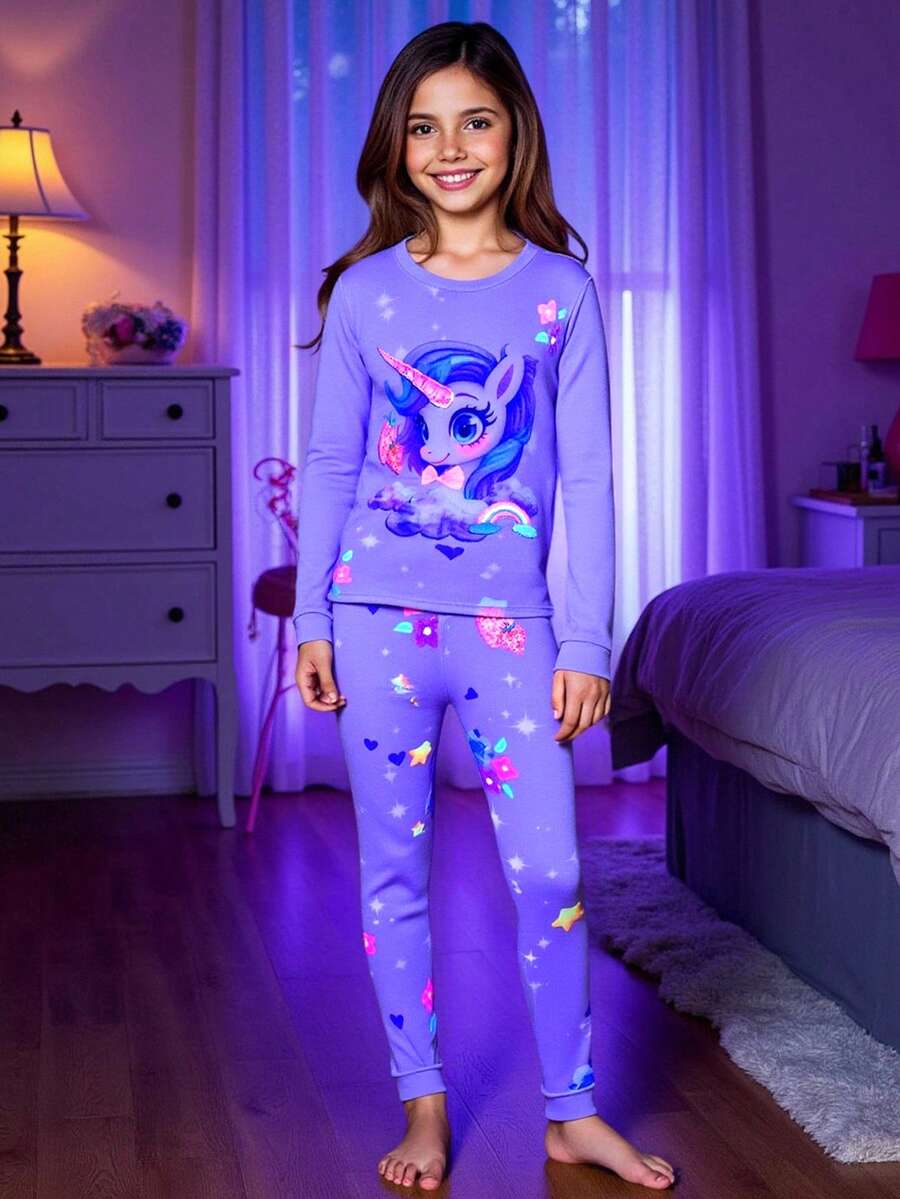 SHEIN 少女紧身休闲夜光卡通星星印花圆领长袖修身上衣和打底裤两件套家居服套装,紫色 - 淡紫色 - 查看 1