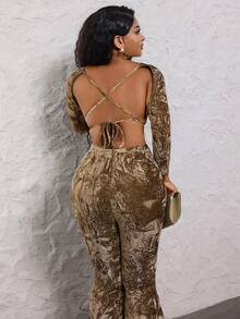 Lureya Women's Fashionable Fitted Sexy Long Sleeve Velvet Jumpsuit, Suitable For Party, Celebration, Autumn/Winter Mardi Gras Habesha Kemis - Multicolor - View 8