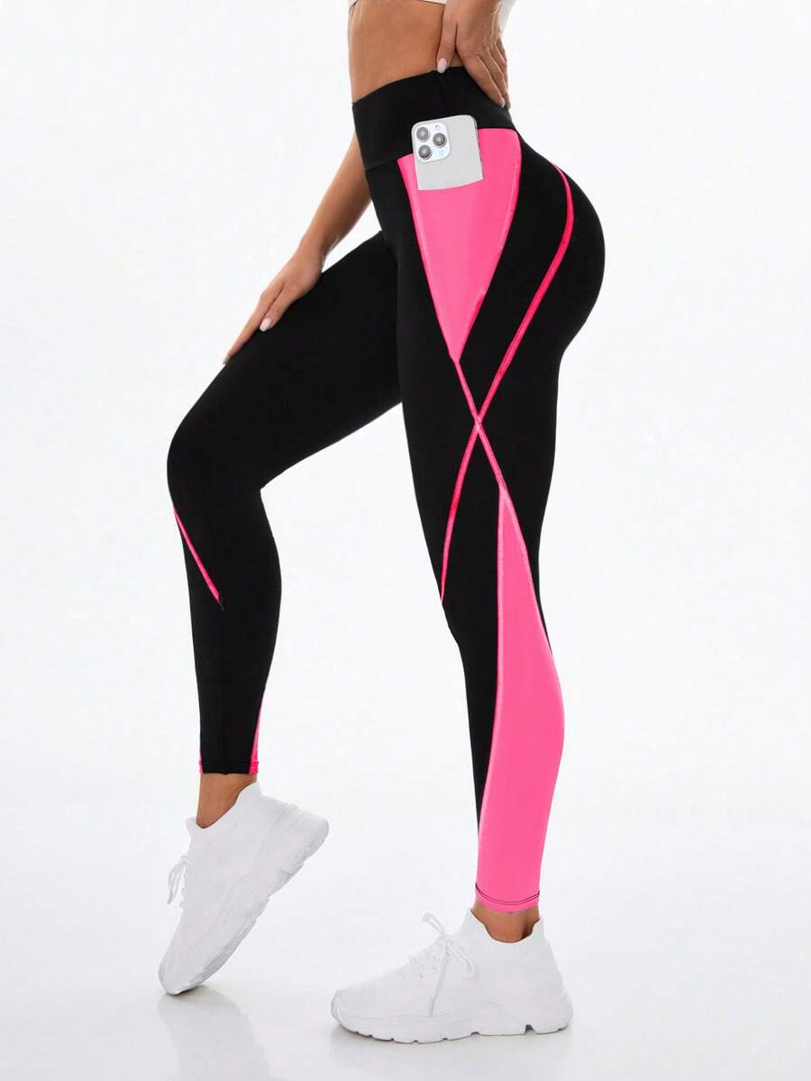 Exploreva Quần legging thể thao nữ có túi đựng điện thoại màu tương phản - Nhiều màu - Xem 1