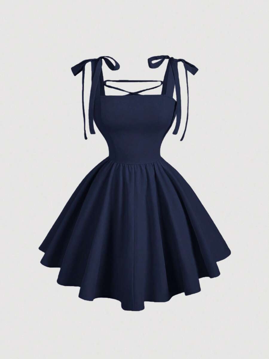 SHEIN MOD 粉色浪漫露背蝴蝶结连衣裙，适合约会、派对、度假、下午茶、生日等场合。 - 藏蓝色 - 查看 1