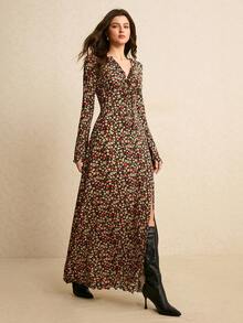 Poéselle 女士秋季时尚碎花高开衩连衣裙 - 彩色 - 查看 4