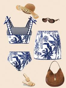Swim Oasis Women's Blue & White Tropical Bird, Palm Tree, Zig Zag Print Swimsuit Set, Beach Holiday Casual Boho Style Blue & White Bikini With Sarong Skirt Set - Blue and White - View 2
