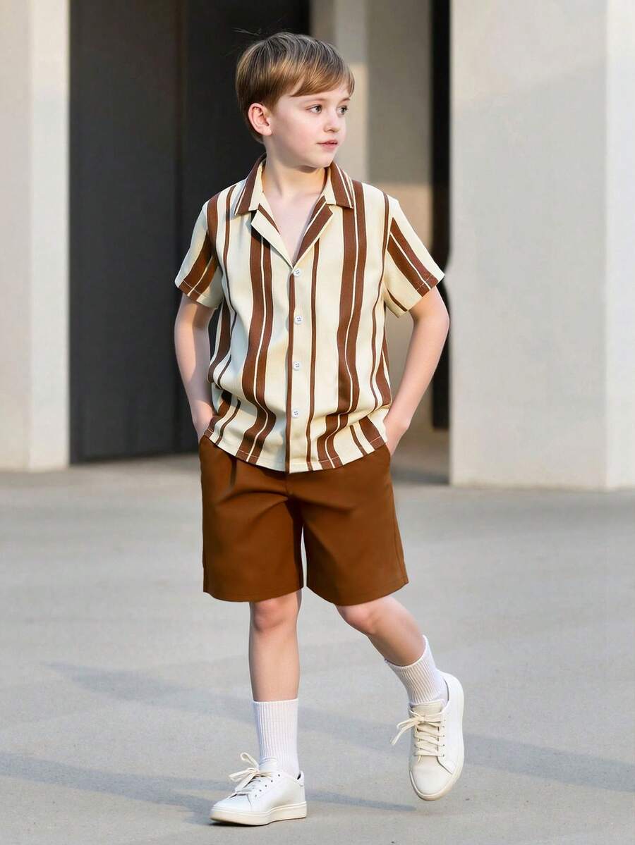 Vacaura 2pcs/Set Casual Comfortable Striped Shirt Top And Shorts Set For Teenage Boys - Brown - View 1