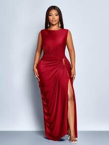 SOLERSUN Vestido Longo Maxie Elegante de Plus Size Feminino, Cor Sólida, Plissado, Vazado, Fivela de Metal Exclusiva, Franzido, Fenda, Sem Mangas, para Outono e Inverno, Casual, Festa, Dama de Honra, Halloween, Natal, Réveillon, Roupa de Festa, Design de Vestido Envelope - Vinho - Visão 4