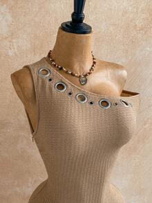 Soleia Holiday Women's New Metallic Texture Asymmetric Shoulder Jumpsuit, Minimalist Design For Summer - Khaki - View 5