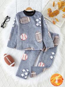 2 piezas Conjunto de top de manga larga con gráfico de fútbol y pantalones para niño pequeño, pijama/ropa de estar cómoda y suave de felpa, adecuada para otoño/invierno - Multicolor - Ver 4