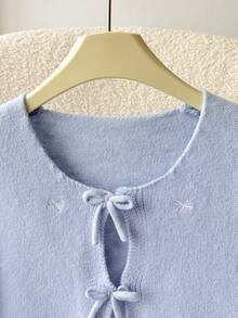SHEIN Áo khoác cardigan chấm bi cổ tròn dài tay, thoải mái, tối giản, rộng rãi, dành cho bé gái tuổi teen, mùa tựu trường - Màu xanh lam - Xem 4