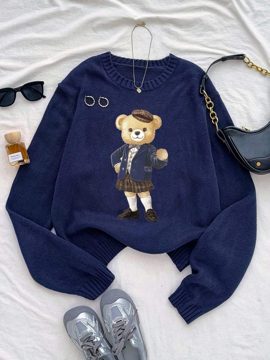 SHEIN Suéter feminino adolescente oversized de manga comprida com estampa de urso 3D, gola redonda, nas cores azul, vermelho e branco. Modelo térmico, estilo streetwear, modelagem solta, ideal para volta às aulas, esportivo, universitário e retrô. - Azul marinho - Ver 1