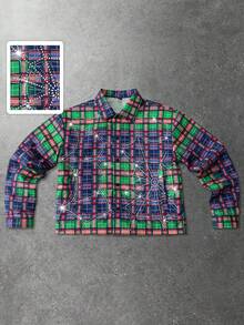 ROMWE MEN Street Life Men's Shirt With Rhinestone Plaid Pattern, Long Sleeve, Streetwear American Style - Blue - View 4