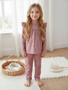 SHEIN 2 Stücke/Set Elegantes Mädchen Ditsy Blumen Rundhals Langarm Top und Hose, bequemer Pyjama Set - Pink - Übersicht 3