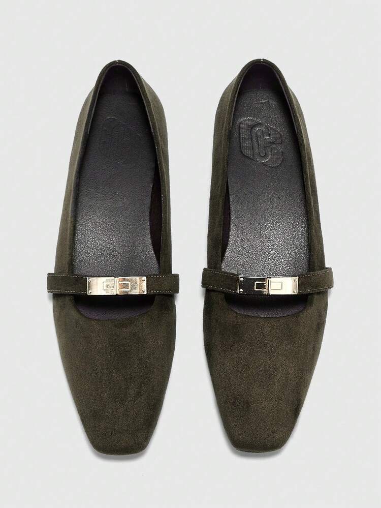 CUCCOO BIZCHIC Women's Square Toe Flat Suede Metallic Buckle Mary Jane Shoes, Comfortable Slip-On Flats For Work And Dresses For Christmas Spring Shoes