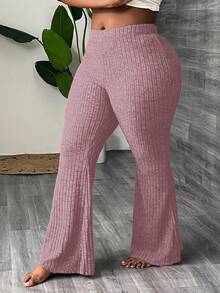 Slaydiva Plus Size Elastic Waist Casual Slim Fit Flare Pants, Ribbed, Suitable For Autumn & Summer - Pink - View 5