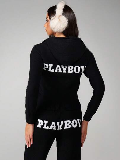 Missguided x Playboy Chaqueta de punto con capucha con cremallera, de manga larga, con textura acanalada, cálida y cómoda para otoño e invierno, prenda exterior casual