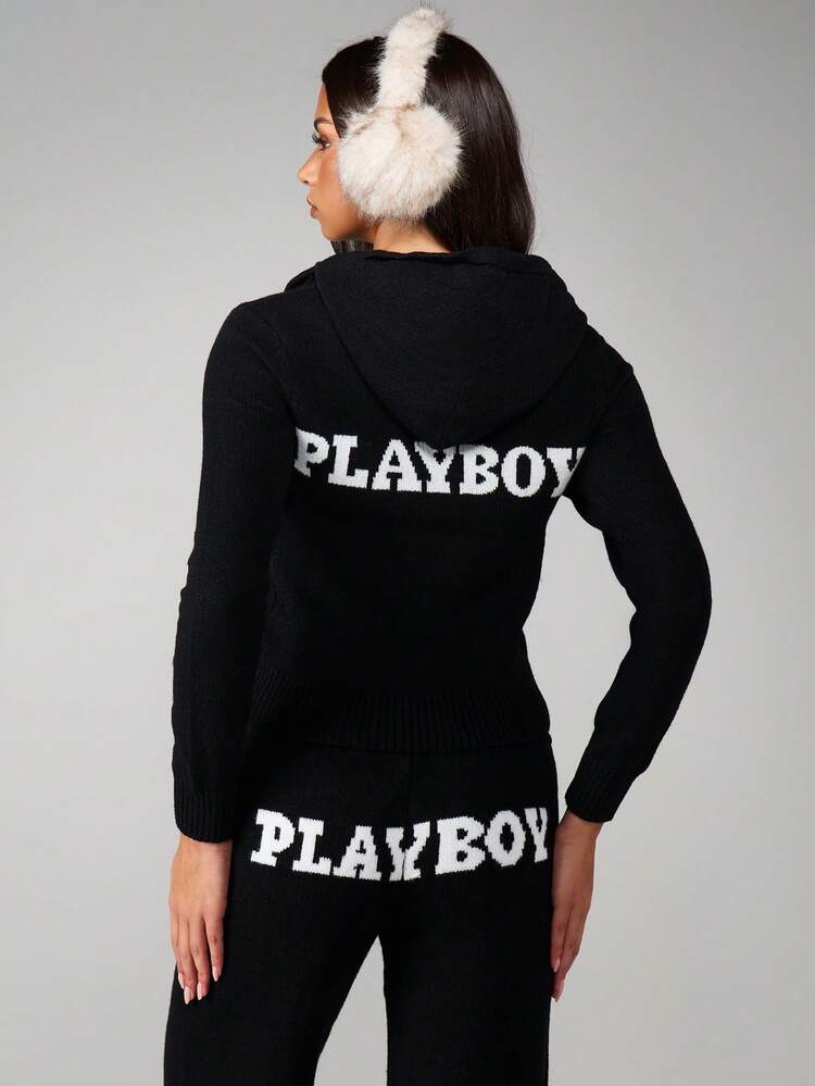 Missguided x Playboy Fitted Hooded Zip Through Cardigan With Ribbed Texture Long Sleeves Fall Winter Cozy Knit Jacket Casual Outerwear