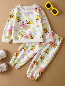 SpongeBob SquarePants | SHEIN Baby Girl Cartoon & Floral Print Cute Knit Loose Fit Crew Neck Drop Shoulder Long Sleeve Sweatshirt And Sweatpants Set, Autumn/Winter - White - View 1