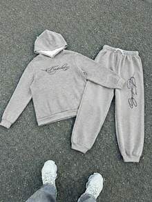 SHEIN Conjunto de sudadera con capucha y pantalón de chándal con estampado de letras casual para adolescentes, otoño/invierno - Gris Claro - Ver 3