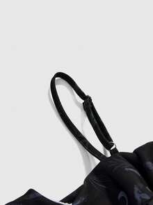 ROMWE Gothic Cat & Plant Print Off Shoulder Fitted Asymmetrical Hem Dress - Black - View 3