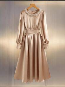 Franclia Đầm dài tay màu trơn cổ nhún eo thanh lịch cho quý cô - Rượu sâm banh - Xem 1