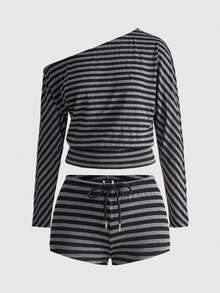 ROMWE J-Fashion Y2K复古条纹不对称肩部上衣和低腰条纹迷你裤套装 - 黑色 - 查看 1