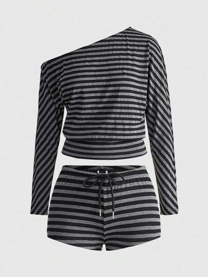 J-Fashion Y2K Retro gestreiftes asymmetrisches Schultertop und gestreifte Mini-Hose mit niedriger Taille als Set