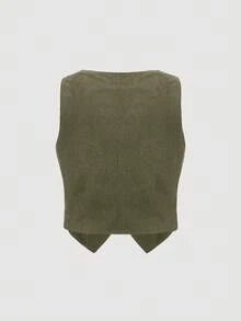 SHEIN MOD 大码休闲纯色背心外套 - 軍綠色 - 查看 2