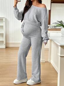 SHEIN Set de maternidad de 2 piezas: Sudadera de manga larga con hombro asimétrico de unicolor y pantalones con cordón en la cintura, casual - Gris - Ver 4