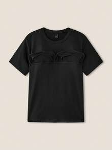 SHEIN Unity 女士纯色荷叶边短袖T恤 夏季毕业季 - 黑色 - 查看 1