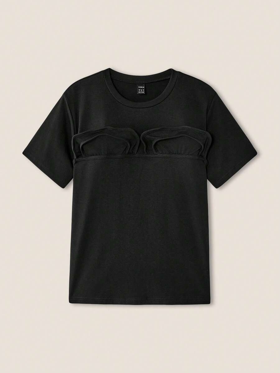 SHEIN Unity 女士纯色荷叶边短袖T恤 夏季毕业季 - 黑色 - 查看 1