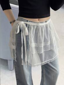 DAZY Women's Lace Patchwork Tie-Up Mesh Cake Skirt, Casual Mini Skirt - White - View 6