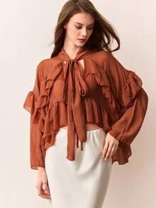 EMERY ROSE Peach V-Neck Tie Front Double Ruffle Hem Blouse, Sweet Romantic Vibrant Design, Suitable For Daily Wear And Shopping - Coffee Brown - View 2