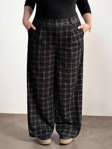 Enliva Plus Size Women's Straight Leg Pants, Plaid Print Pattern, Pocket Detail, Elastic Waist Trousers/Autumn /Winter - Black - View 3