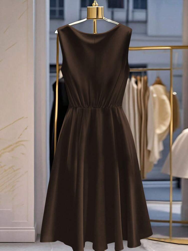 GlowEve CURVE Vestido elegante sin mangas con lazo en la cintura para mujer de talla grande - Café integral - Añade 2
