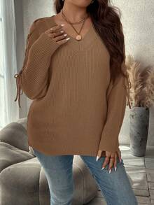 SHEIN Clasi Jersey de mujer de talla grande con mangas raglán y cordón en otoño/invierno - Camel - Ver 6