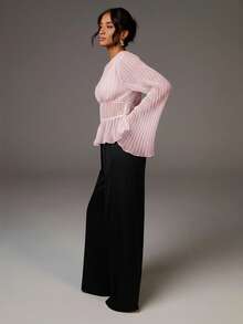 Athîral 女士优雅通勤纯色喇叭袖上衣 - 淺粉色 - 查看 4