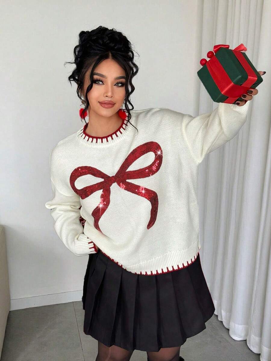 Elenzga 女士优雅蝴蝶结长袖宽松加大码毛衣，适合秋冬季外出和聚会 - 白色 - 查看 1