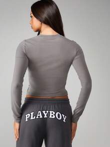 Missguided x Playboy 1953 修身长袖露脐上衣，圆领设计，采用柔软针织面料，适合日常休闲穿着。 - 灰色 - 查看 2