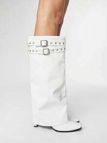 ROMWE Botas altas hasta la rodilla con diseño de doble hebilla, puntera cuadrada y tacón de aguja para mujer - Blanco - Ver 3