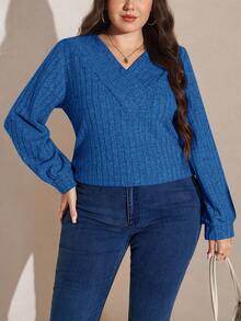 SHEIN LUNE 大码女式保暖内衬T恤，适合秋冬季节穿着，长袖，宝蓝色上衣 - 藍色 - 查看 5