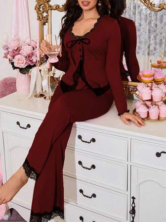 SweetSlumber Süßer Kontrast-Farben Spitzenbesatz 2-in-1 Damen Pyjama Set