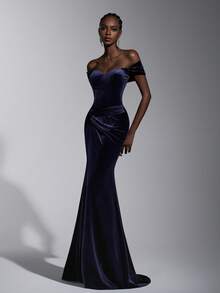 Elitara Váy dạ hội dài chữ A xếp ly chéo phía trước gợi cảm, cổ tim nhung xanh sang trọng, trễ vai, gợi cảm - Màu xanh lam - Xem 8