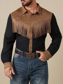 Manfinity Nomadique Men's Western Style Contrast Color Patchwork Fringe Embroidered Shirt Black And Khaki Shirt Men S Mens Embroidered Shirt Mens Western Tops Rodeo Shirt Men Men S Fringe Fringe Shirt - Multicolor - View 4