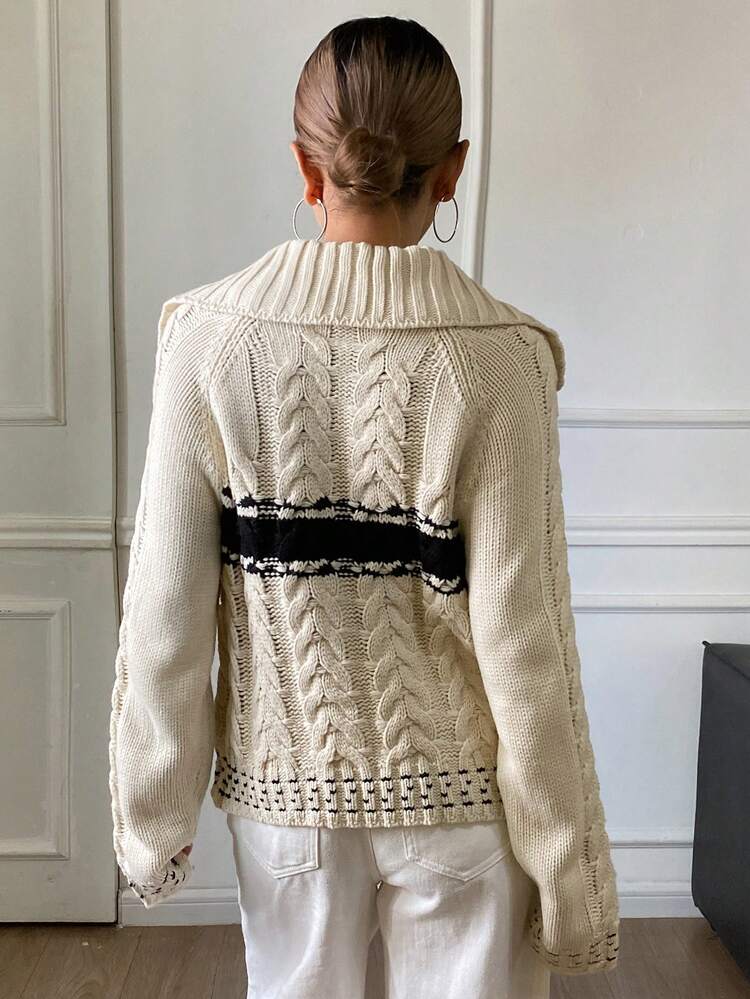 Women's Colorblock Striped Lapel Long Sleeve Loose Zip-Up Casual Street Knit Cardigan, Autumn/Winter