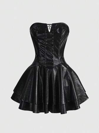 ROMWE Avant Y2K Punk Baddie Metal Cross Pendant PU Mini Edgy Girl Dress