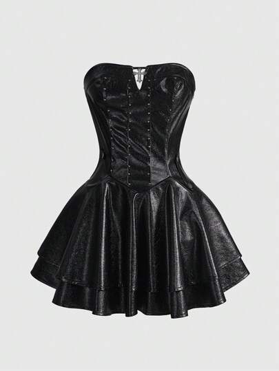 ROMWE Avant فستان بناتي صغير حافي الأطراف من الجلد الاصطناعي (بي يو) مع قلادة صليب معدنية بطراز بانك وبادي Y2K