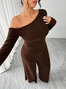 Elenzga Plus Size Casual Asymmetric Top And Pants 2 Pieces Set, Autumn