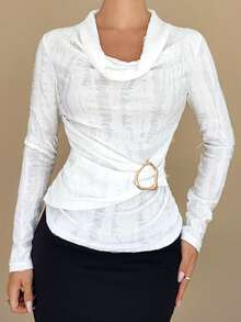 Rafferiza T-shirt slim à col bénitier déchiré de couleur unie automne, Top à col bénitier blanc à manches longues, top blanc élégant, top blanc texturé, top blanc à manches longues, hauts blancs pour femmes, hauts à manches longues blancs pour femmes, top blanc sexy col roulé