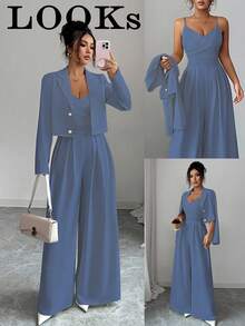 Elenzga 新款女式梭织面料细肩带露背可调节肩带阔腿连体裤，缺口领长袖夹克，通勤百搭优雅年轻女士两件套，秋冬 - 中等水洗藍 - 查看 3