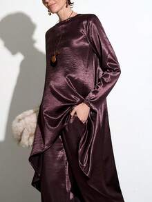 Aalyst Bộ đồ công sở giản dị cao cấp, cổ tròn, tay dài, họa tiết nhăn mềm mại, chất liệu vải satin, sang trọng, sang trọng, dự tiệc Giáng sinh dành cho nữ, phong cách Pháp, sang trọng, tối giản, cao cấp, thường ngày, mùa xuân/thu/đông - Màu Tím - Xem 6