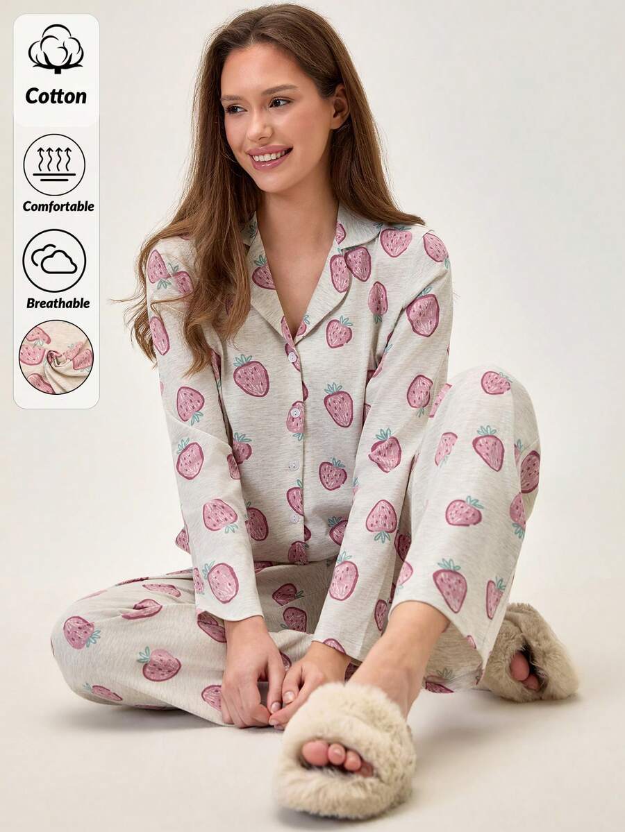 Loomlin Baumwolle Damen 2-teiliges Homewear Pyjama Set mit Erdbeeren & Früchte Muster und Knopfdetails, bequem